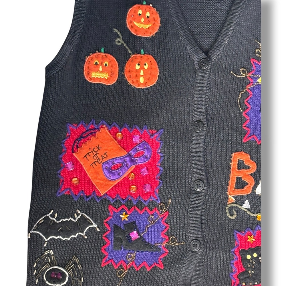 Vintage Bobbie Brooks Halloween Sweater Vest Applique Beaded Witch Cat Ghost L - Picture 3 of 9